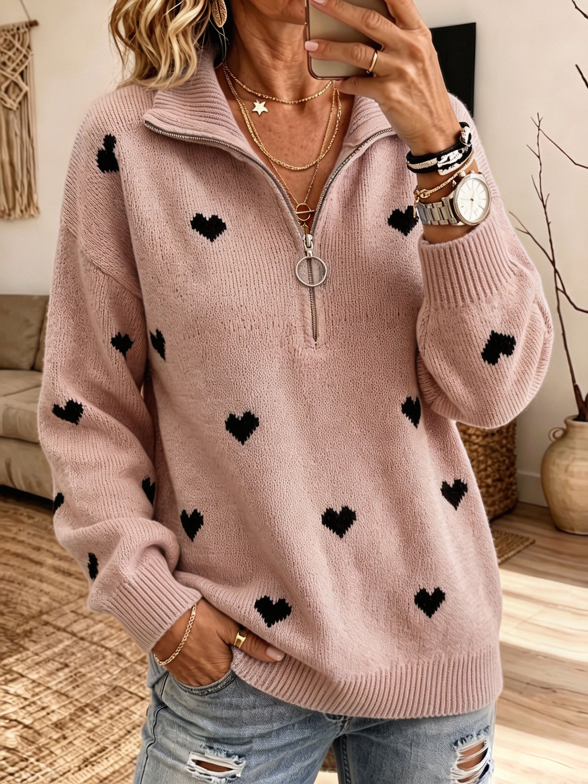 Women Heart Jacquard Half‑Zip Collar Sweater Long Sleeve Loose Knit Jumper