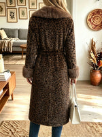 Women Waist‑tie Winter Leopard Print Faux Fur Collar Belted Long Coat Outerwear