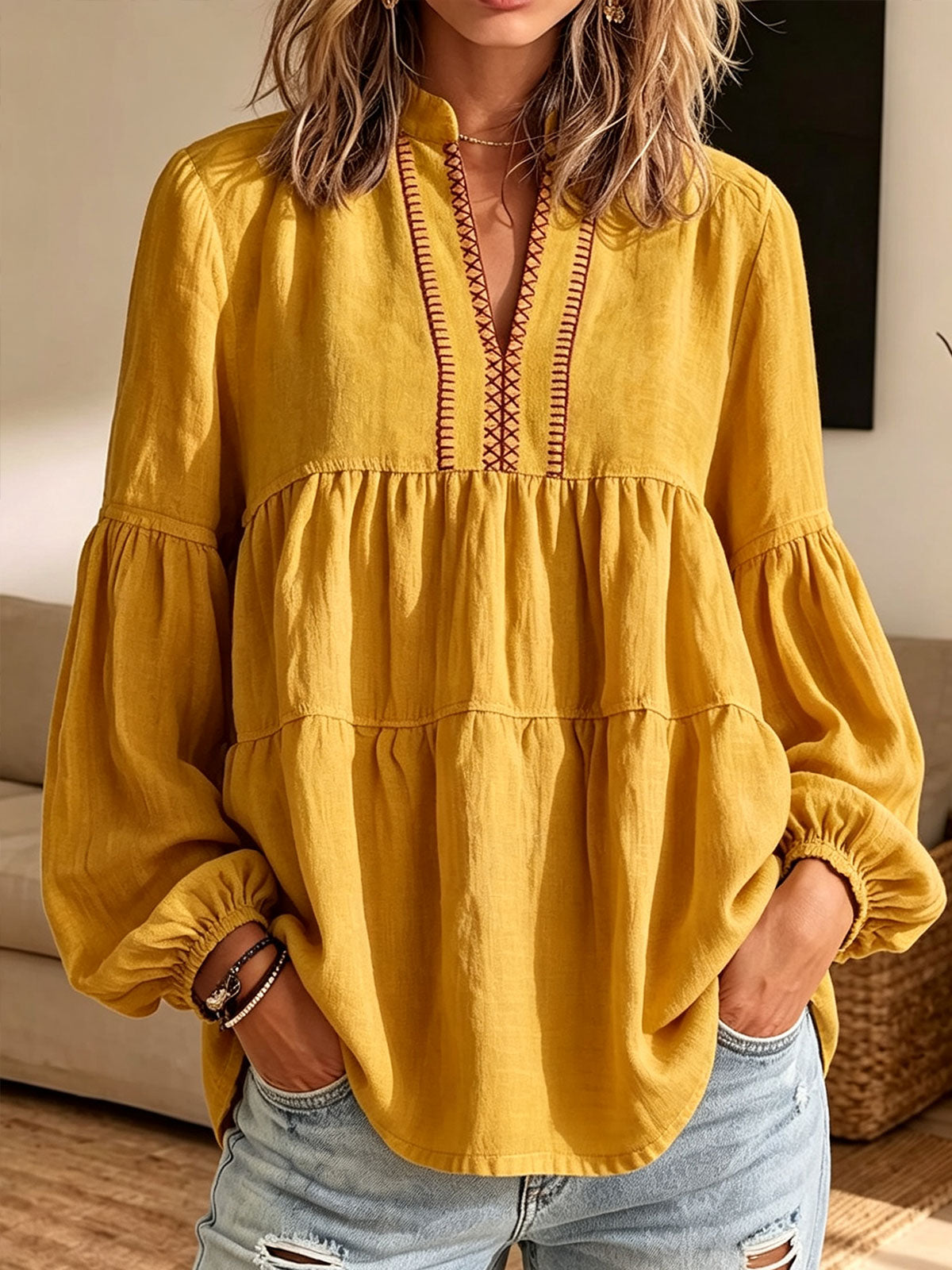 Boho Embroidered Tiered Long Sleeve Blouse, Women V‑Neck Peasant Top