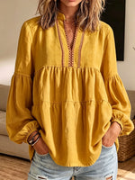 Boho Embroidered Tiered Long Sleeve Blouse, Women V‑Neck Peasant Top
