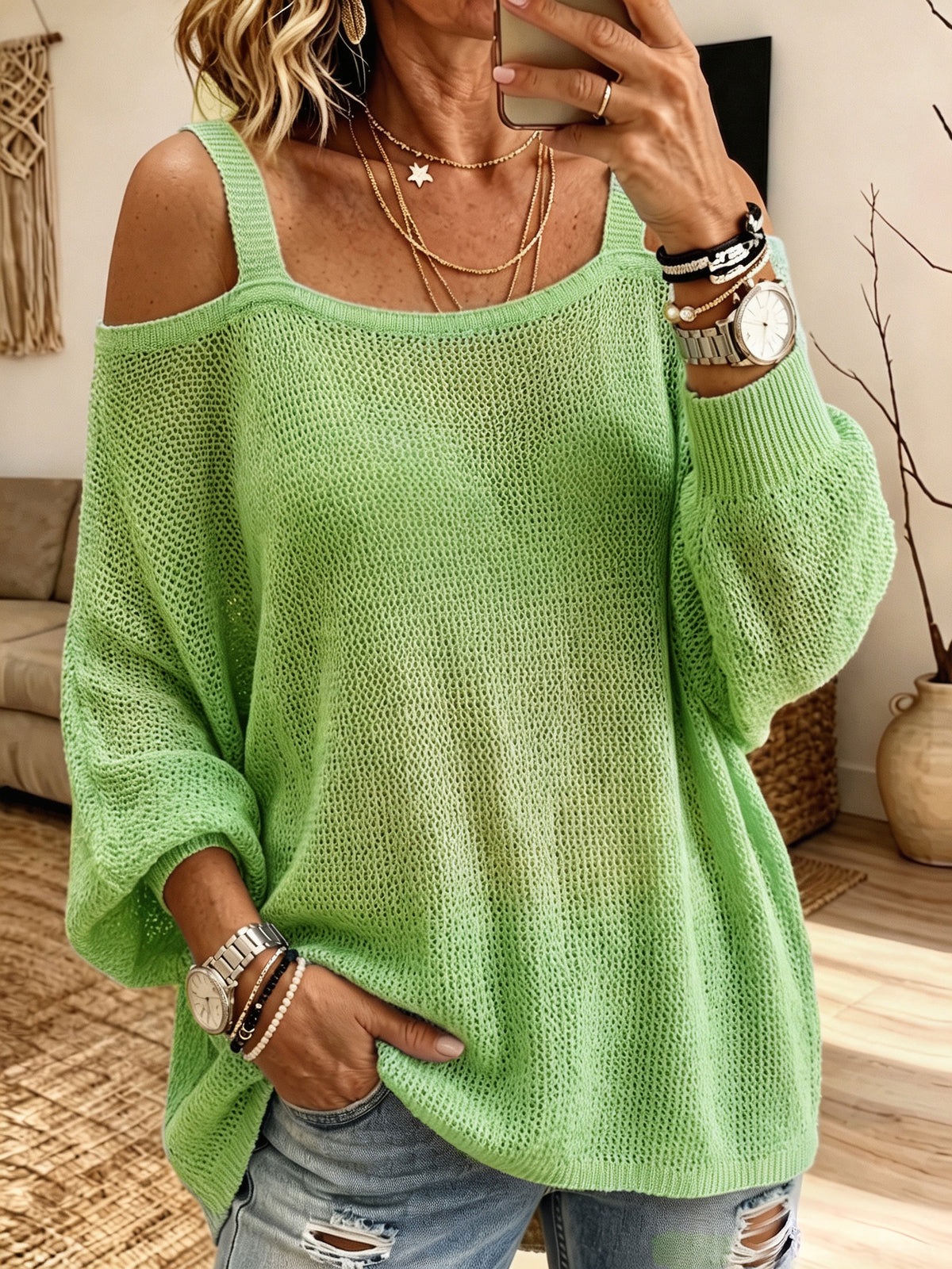 Women Cold Shoulder Open Knit Sweater Loose Long Sleeve Hollow Out Jumper
