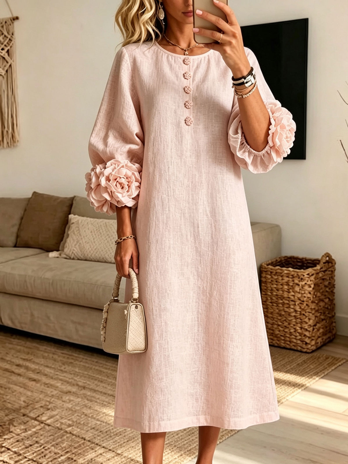 Women Half Button Lantern Sleeve Loose 3d Floral Cuff Linen Blend Midi Dress