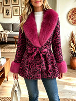 Leopard Print Faux Fur Collar Belted Coat, Women Waist‑Tie Winter Jacket
