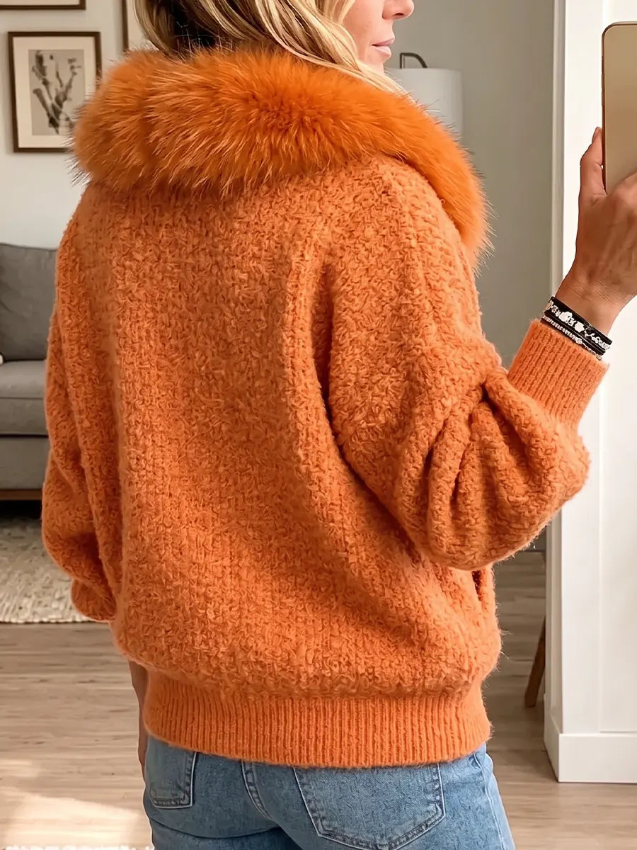 Vintage Elegant Fur-trimmed Patchwork Sweater Zip-up Coat