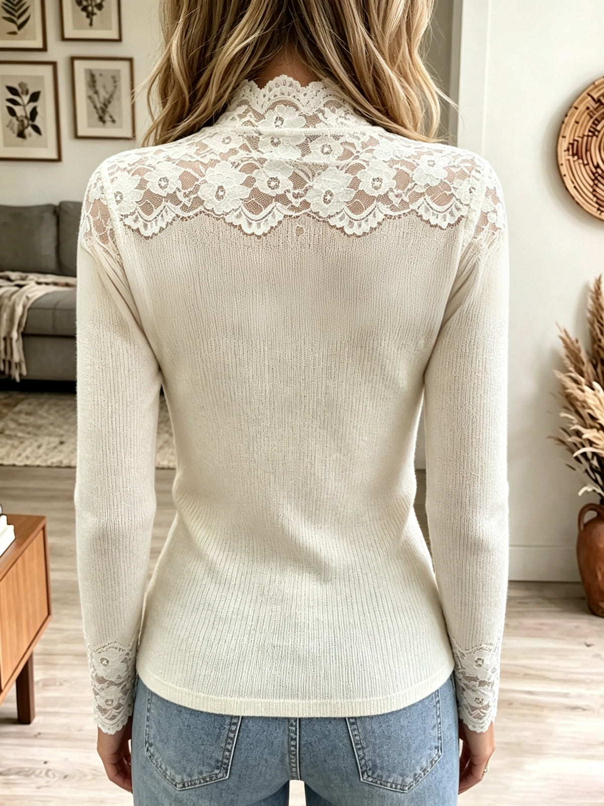 Women's Sheer Floral Lace Mock Neck Knit Top