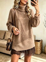 Women's Turtleneck Lace Hem Sweater Dress