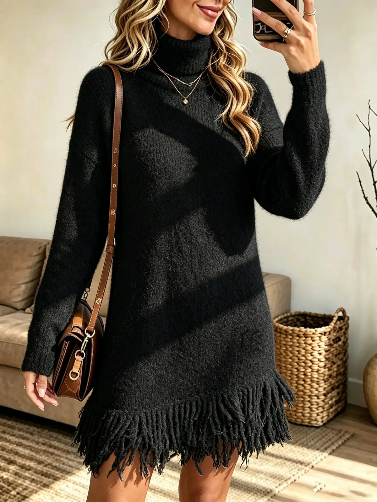 Women's Turtleneck Fringe Hem Sweater Mini Dress