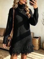Women's Turtleneck Fringe Hem Sweater Mini Dress