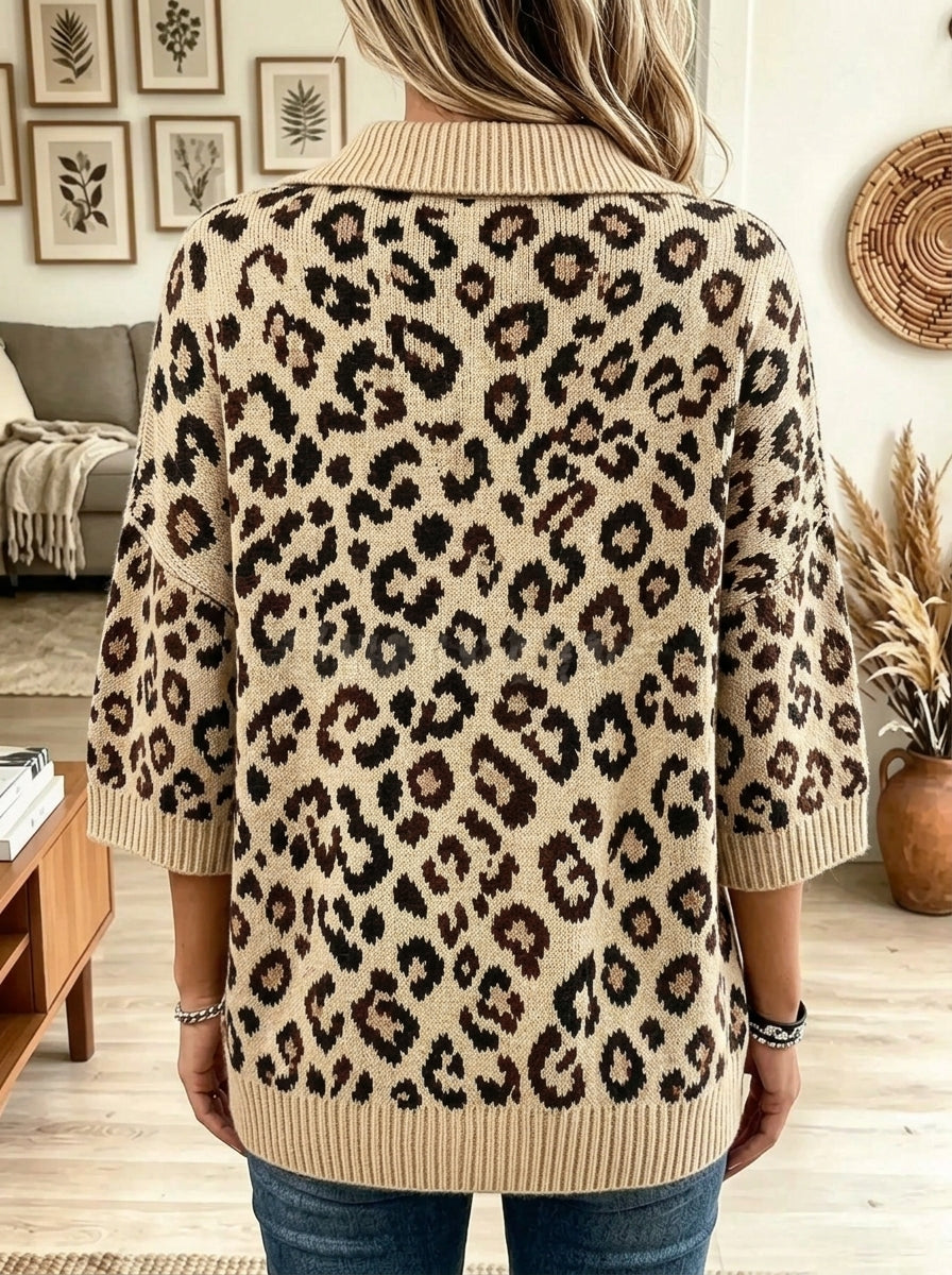 Women's Leopard Print Notch Neck Polo Sweater