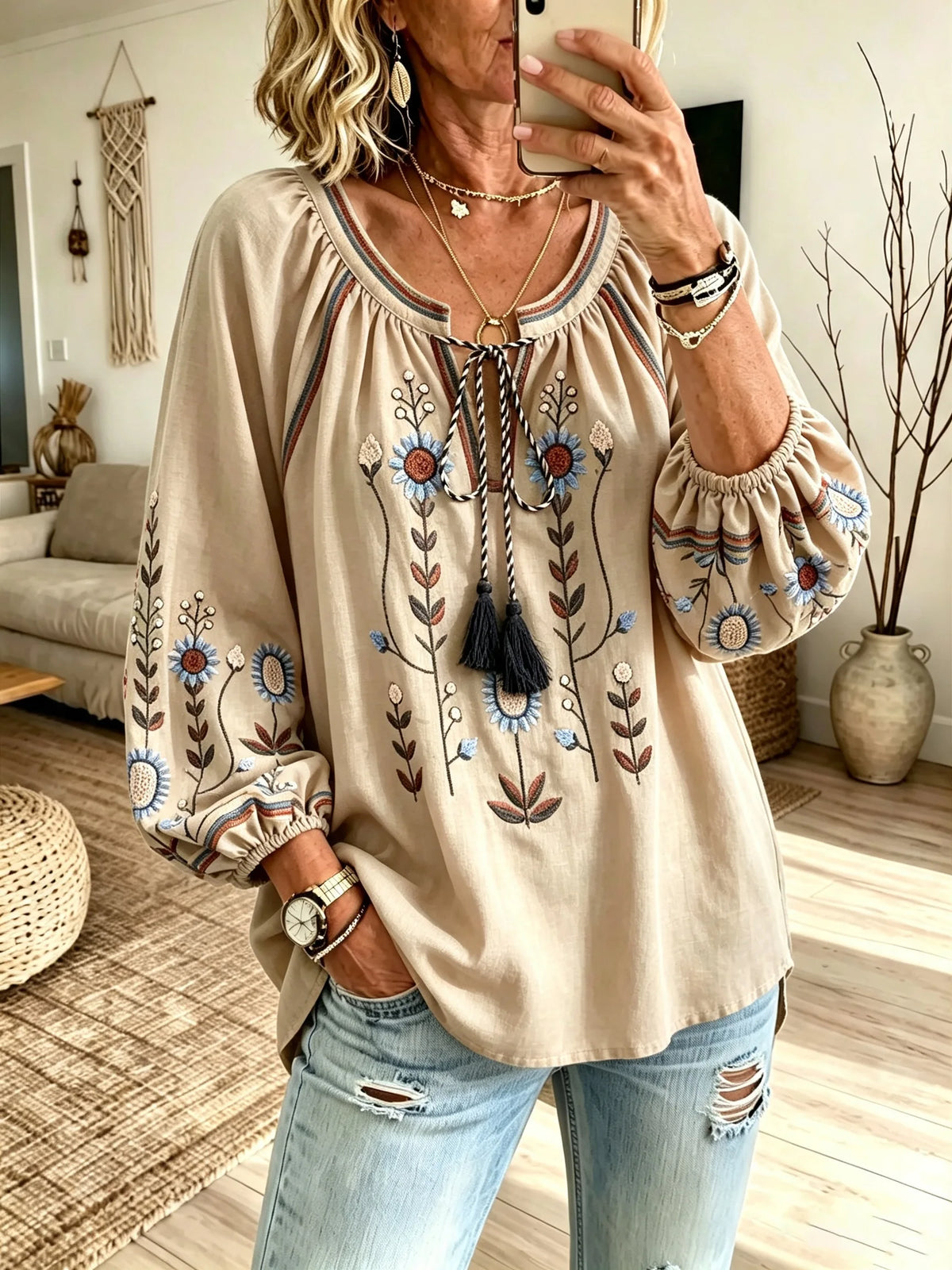 Women's Colorful Daisy Floral Print Tie Neck Puff Sleeve Top