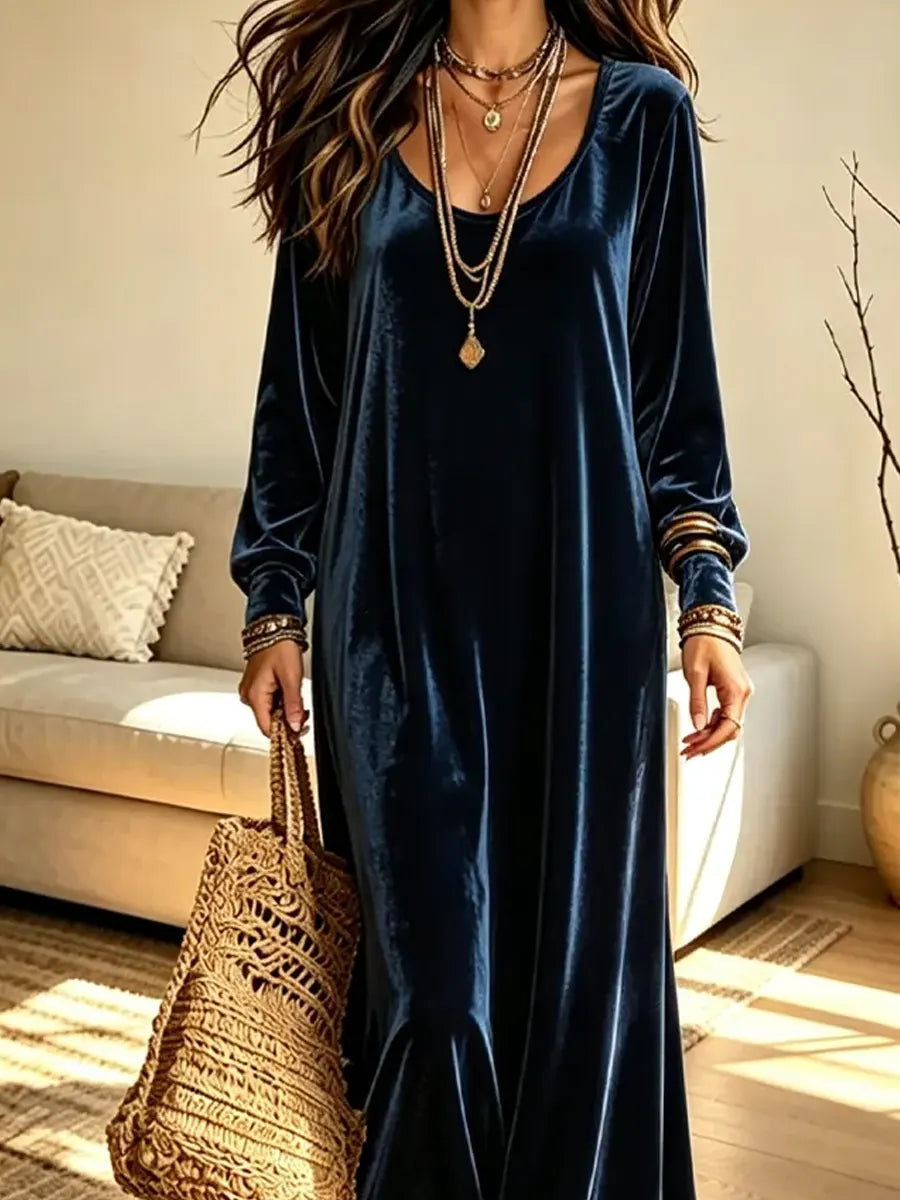 Retro Velvet Art Casual Stylish Round Collar Long Sleeve Long Dress