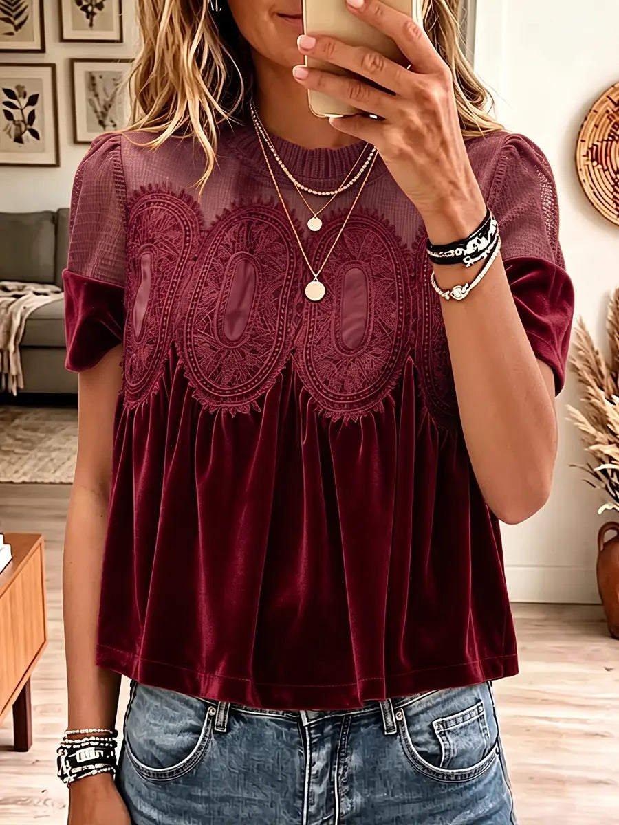 Vintage Elegant Velvet Patchwork Lace Shirt