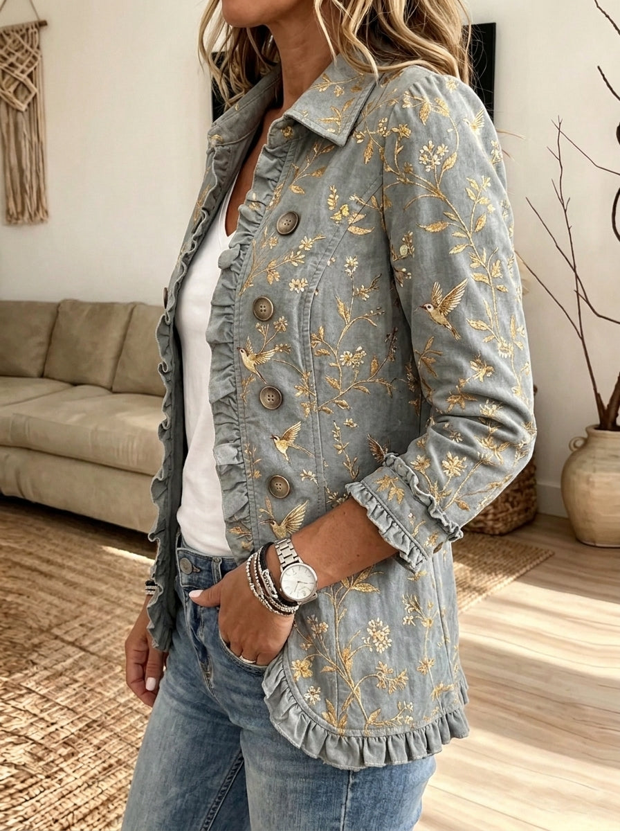 Women Vintage Bird Floral Print Ruffle Lapel Button Jacket