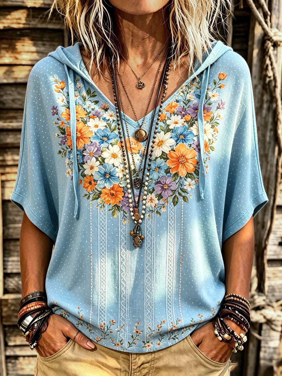 Women's Dotted Floral Print Short Sleeve Hoodie