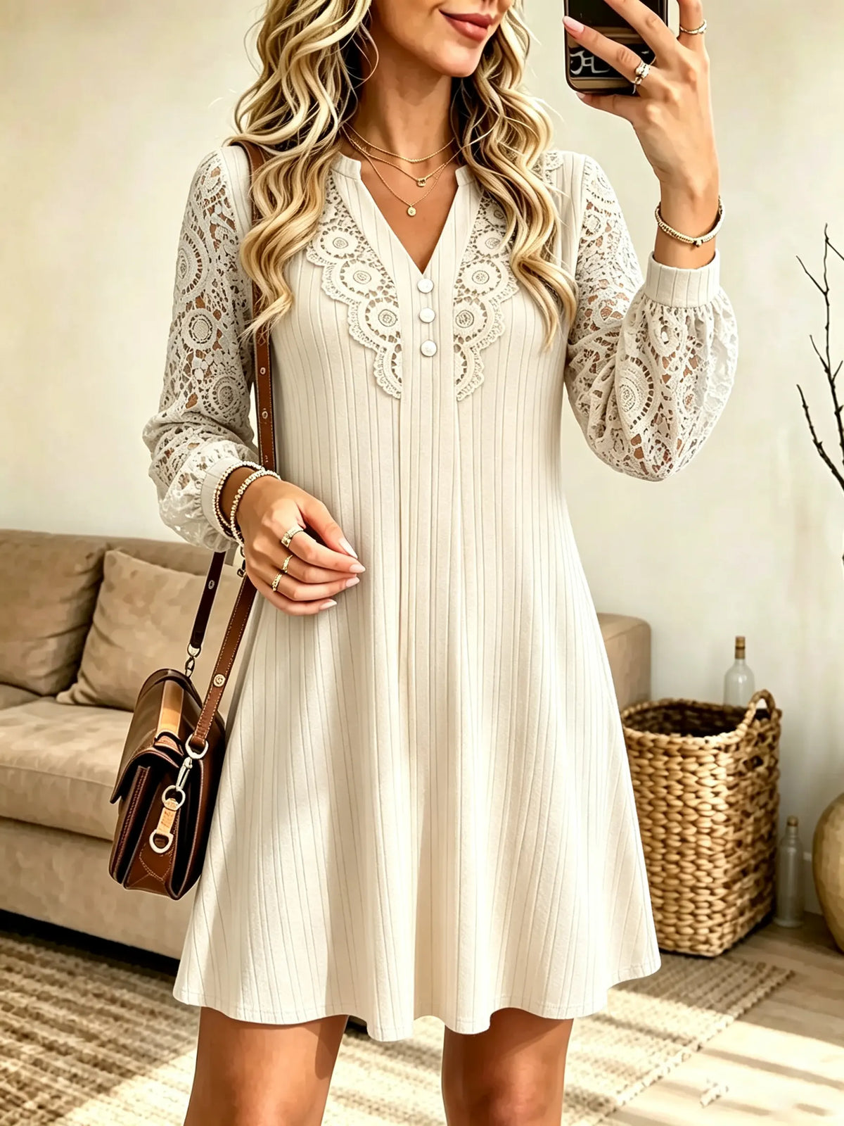 Women's Lace Sleeve Ribbed A-Line Mini Dress