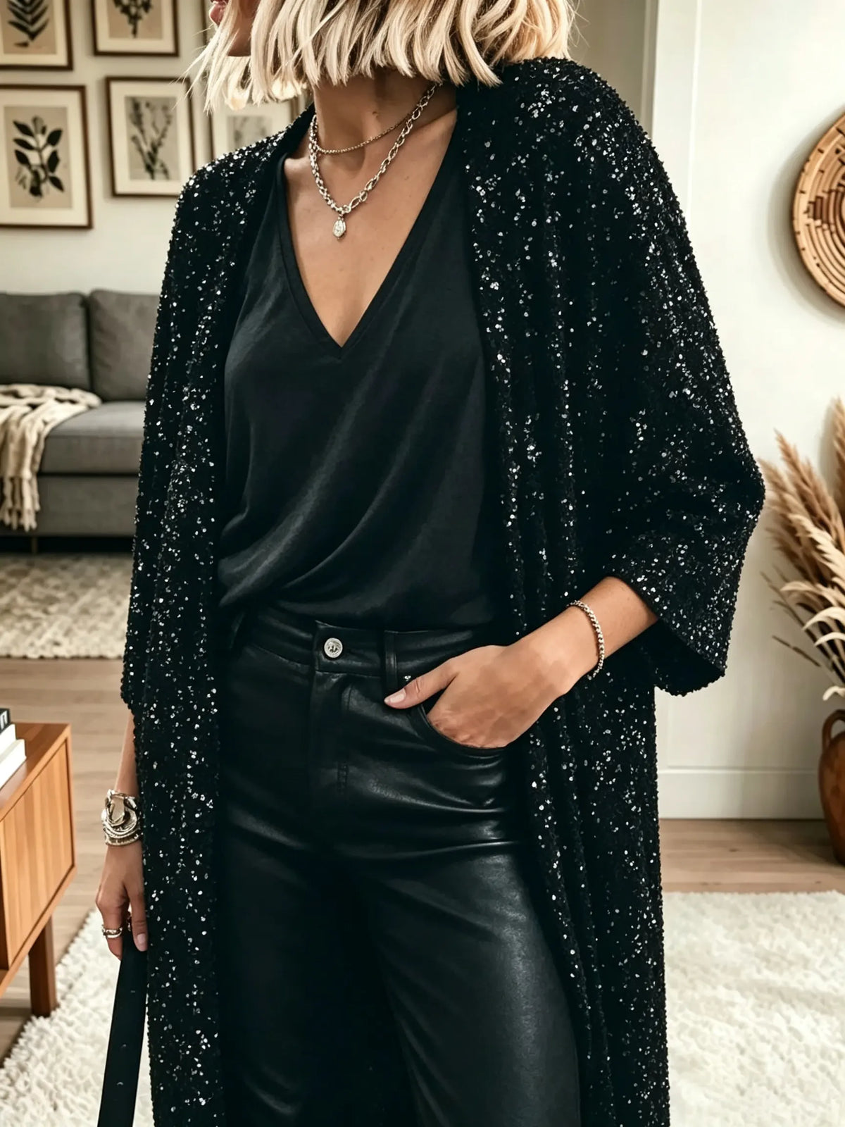 Women's Sequin Embellished Longline Kimono Duster