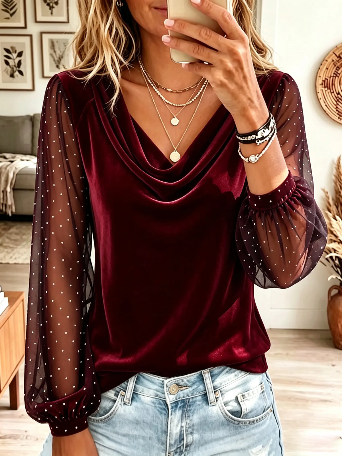 Women's Sheer Polka Dot Sleeve Cowl Neck Top