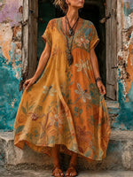 Women's Vintage Washed Dragonfly Floral Plant Print V-Neck Short Sleeve Maxi Dress