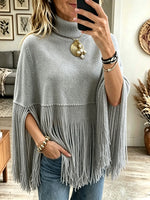 Women's Turtleneck Fringe Knit Poncho Sweater