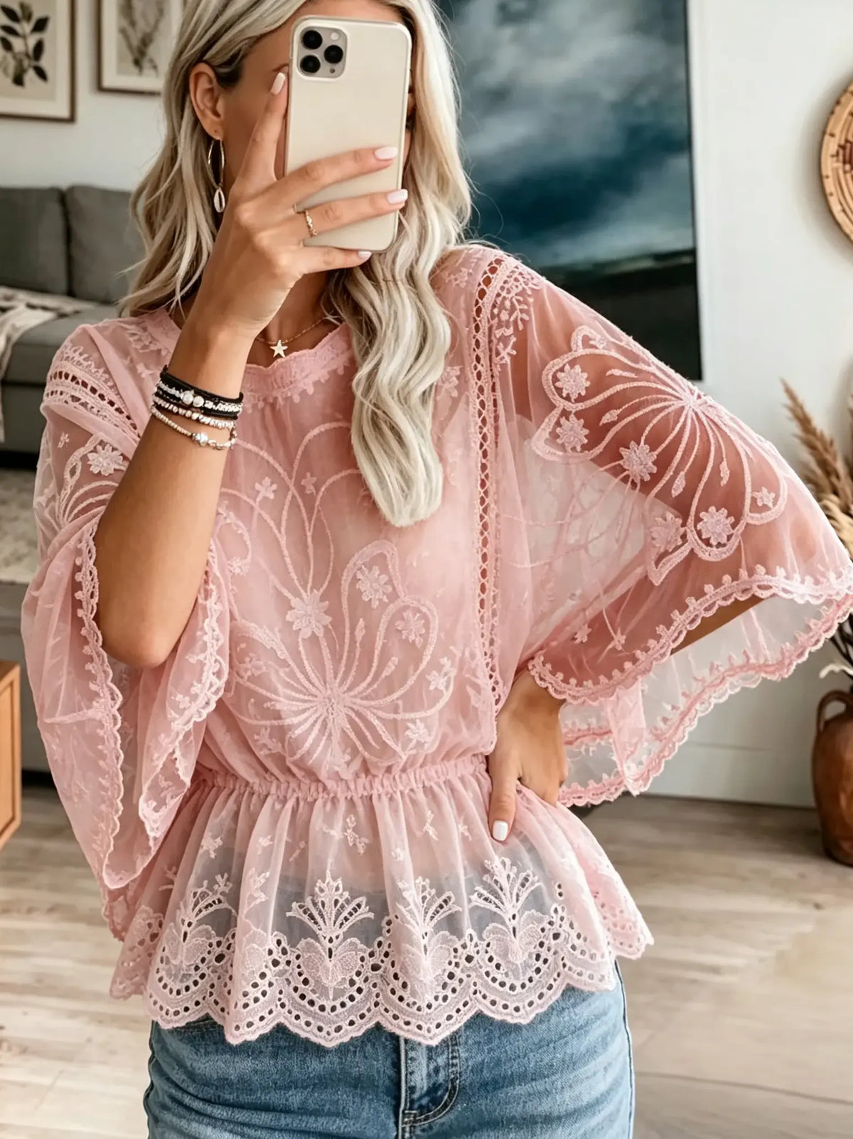 Women's Embroidered Lace Cinched Peplum Blouse