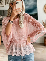 Women's Embroidered Lace Cinched Peplum Blouse