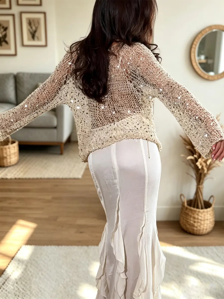 Retro Chic Sequins Knit Hollow Art Casual Stylish Long Sleeve Top