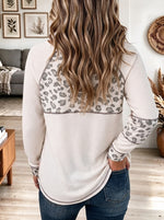 Women's Waffle Knit Henley Top with Grey Leopard Print Panel Accents