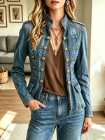 Retro Chic Art Button Zip Casual Denim Stylish Long Sleeve Coat