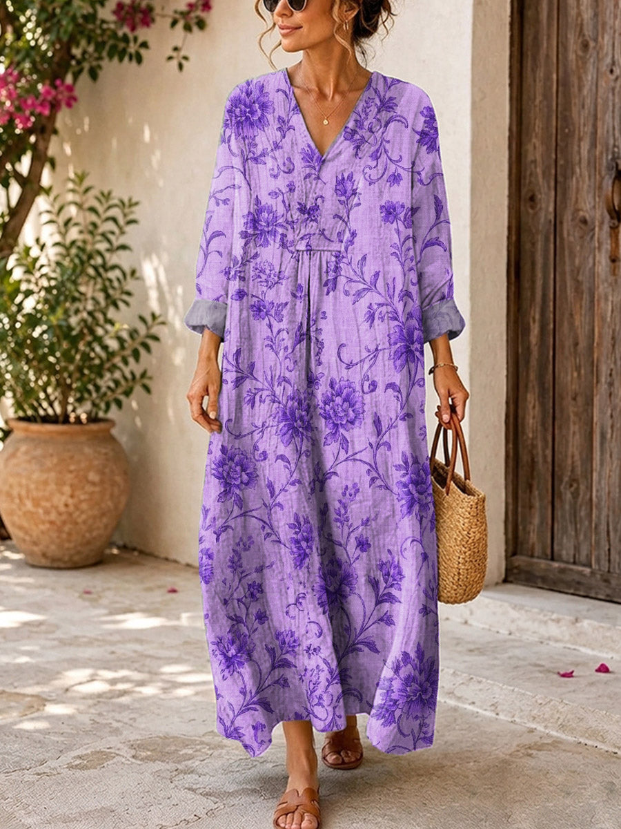Retro Floral Pattern Art Print Casual V-neck Long Sleeve Cotton Linen Maxi Dress