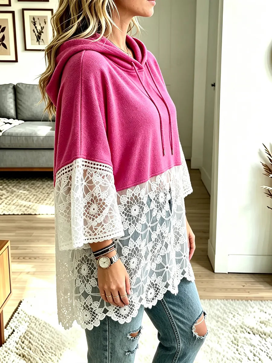 Women's Loose Lace Patchwork Hoodie Top