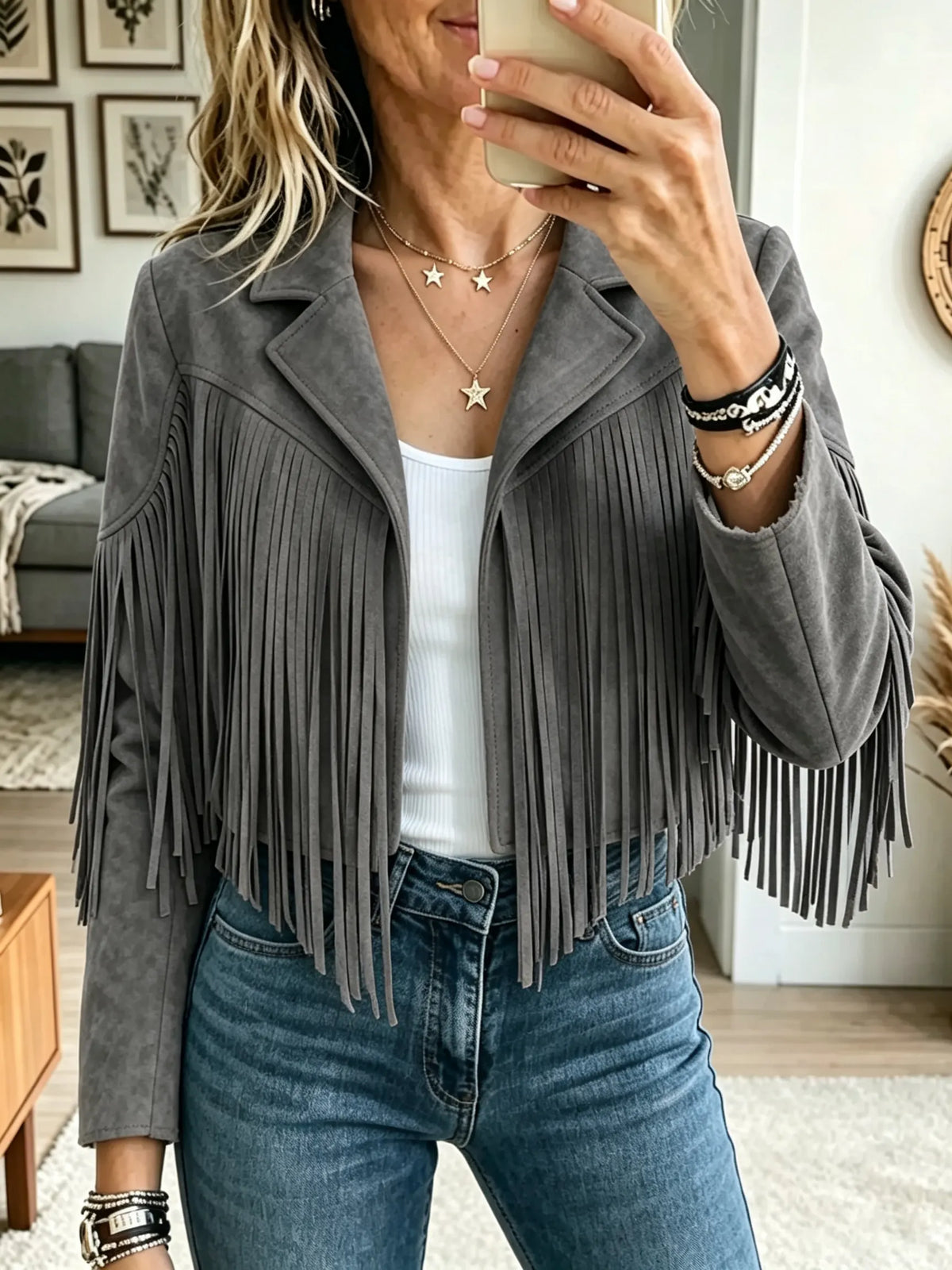 Women's Western Suede Fringe Cropped Jacket