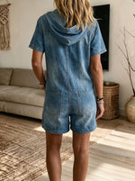 Women’s Hooded Button Front Washed Denim Short Sleeve Romper With Pockets