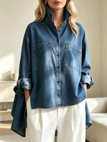 Retro Stand Collar Irregular Hem Stylish Art Casual Long Sleeve Denim Shirt