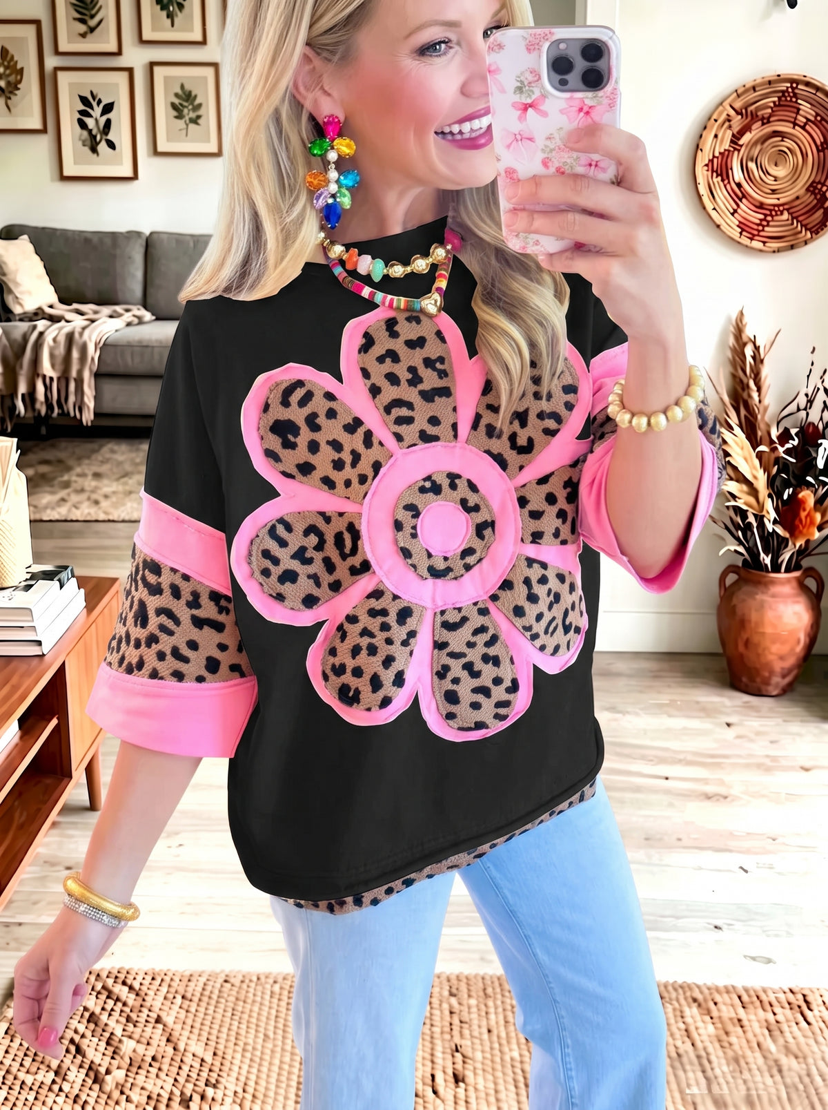 Leopard Flower Patchwork 3/4 Sleeve Casual Top Women Color Block Blouse
