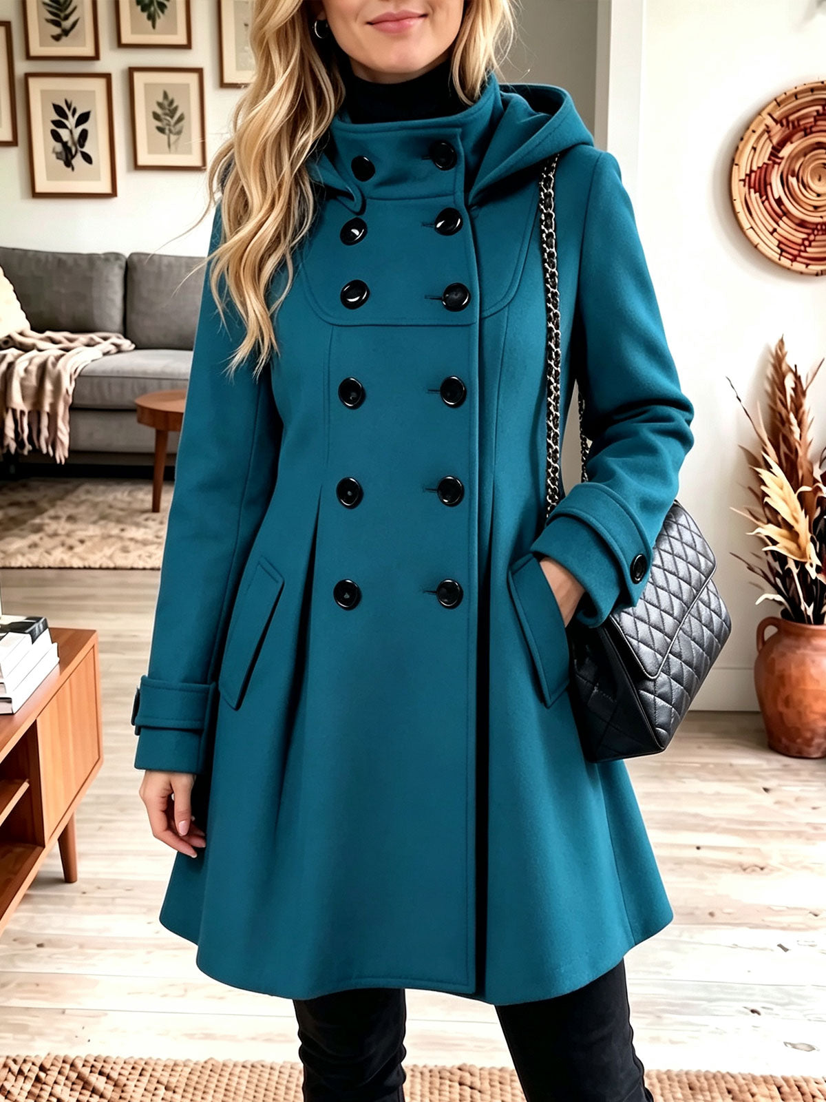 Hooded Double‑Breasted A‑Line Wool Blend Coat, Women Swing Winter Outerwear