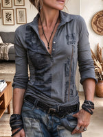 Women's Grey Vintage Graphic Print Henley Top with Asymmetric Zipper