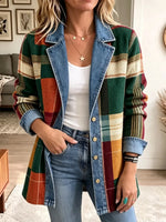 Retro Plaid Pattern Art Casual Denim Patchwork Stylish Long Sleeve Coat