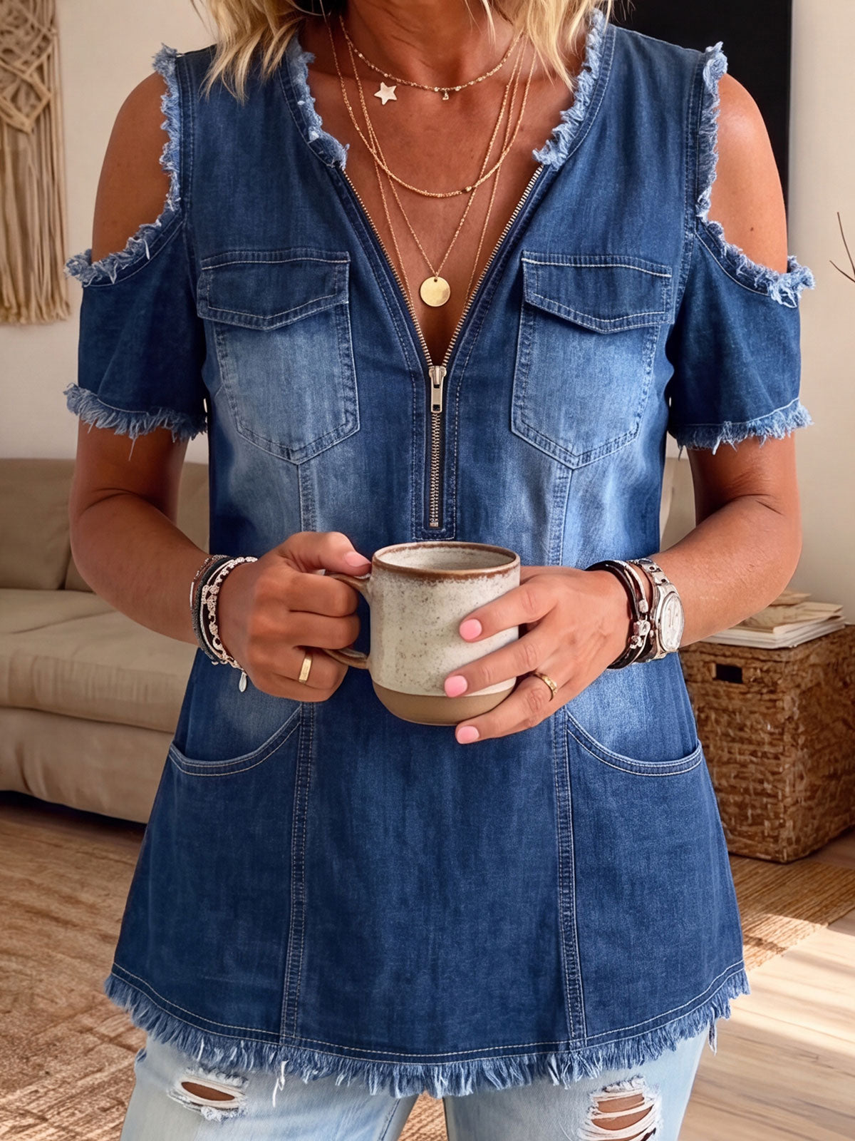 Womens Zip V Neck Cold Shoulder Fringe Washed Denim Blouse With Pockets