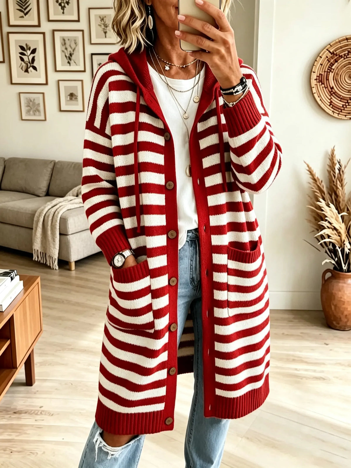 Women's Striped Hooded Longline Knit Cardigan Coat