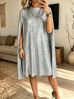 Women Silver Sequin Cape Sleeve Midi Dress Mock Neck Loose Evening Party Gown