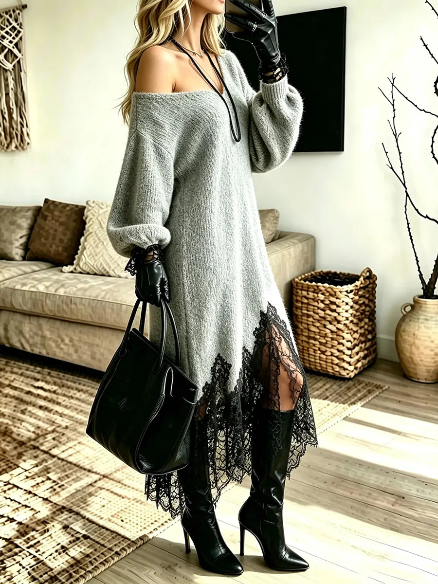 Women's Elegant Black Lace Patchwork Shoulder Sweater Maxi Dress
