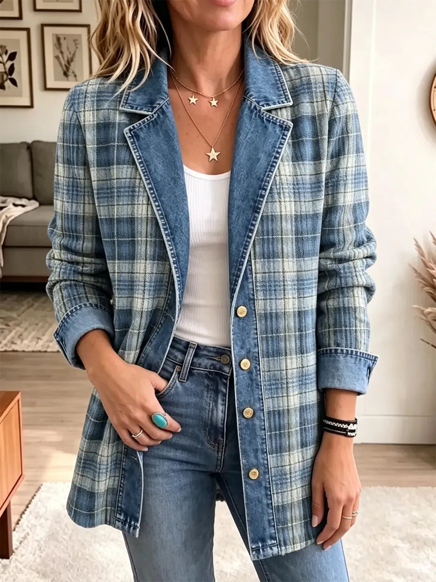 Retro Plaid Pattern Art Casual Denim Patchwork Stylish Long Sleeve Coat