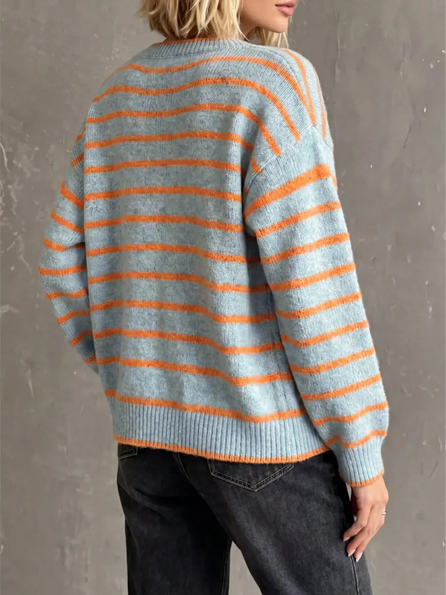 Retro Stripe Art Casual Stylish Long Sleeve Knitted Cardigan Sweater