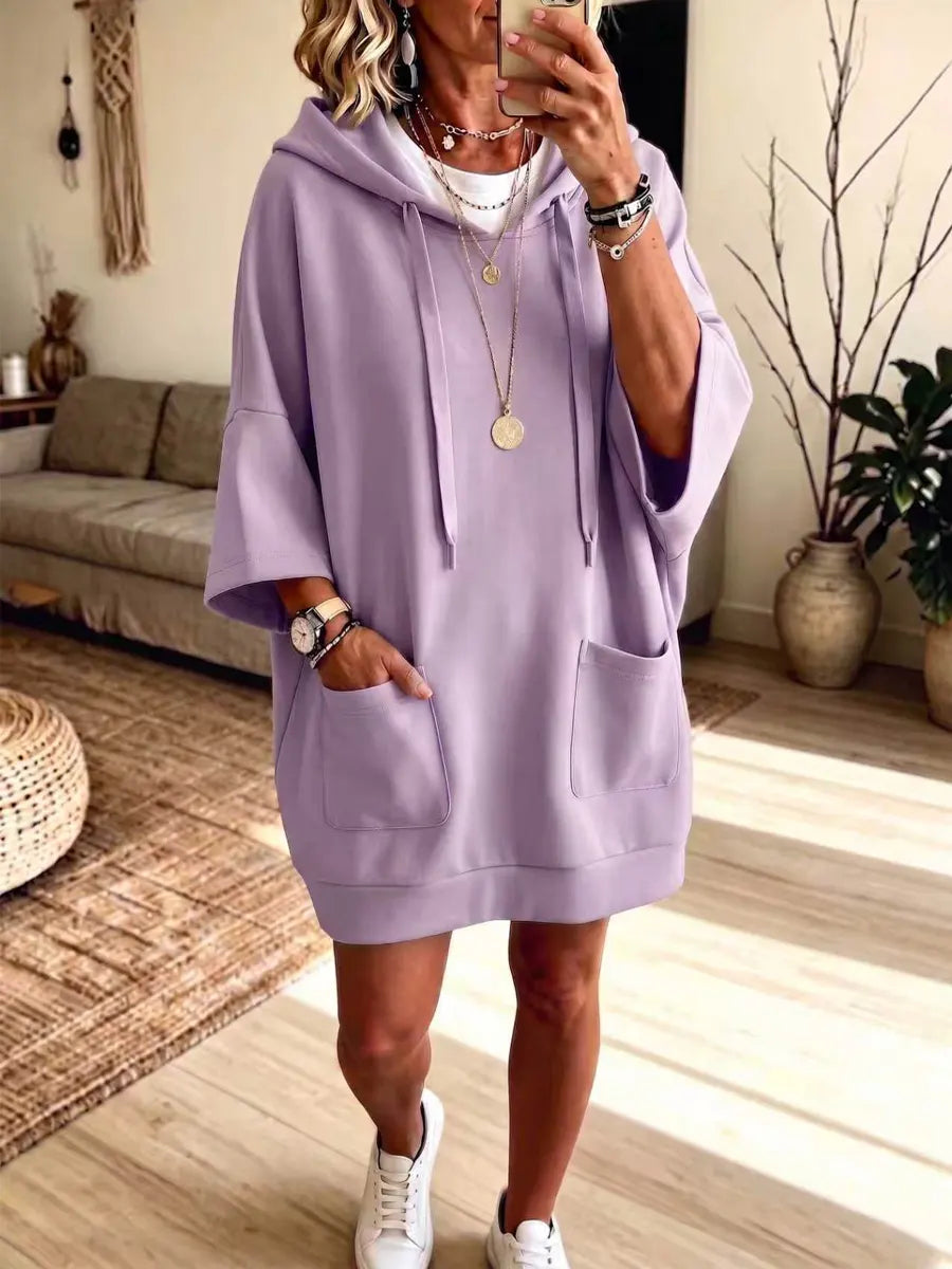 Retro Hooded Art Casual Stylish 3/4 Sleeve Short Sweatshirt Dress
