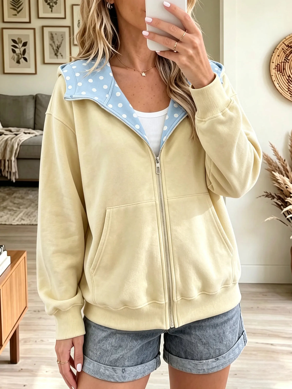 Women's Polka Dot Trim Full-Zip Hoodie