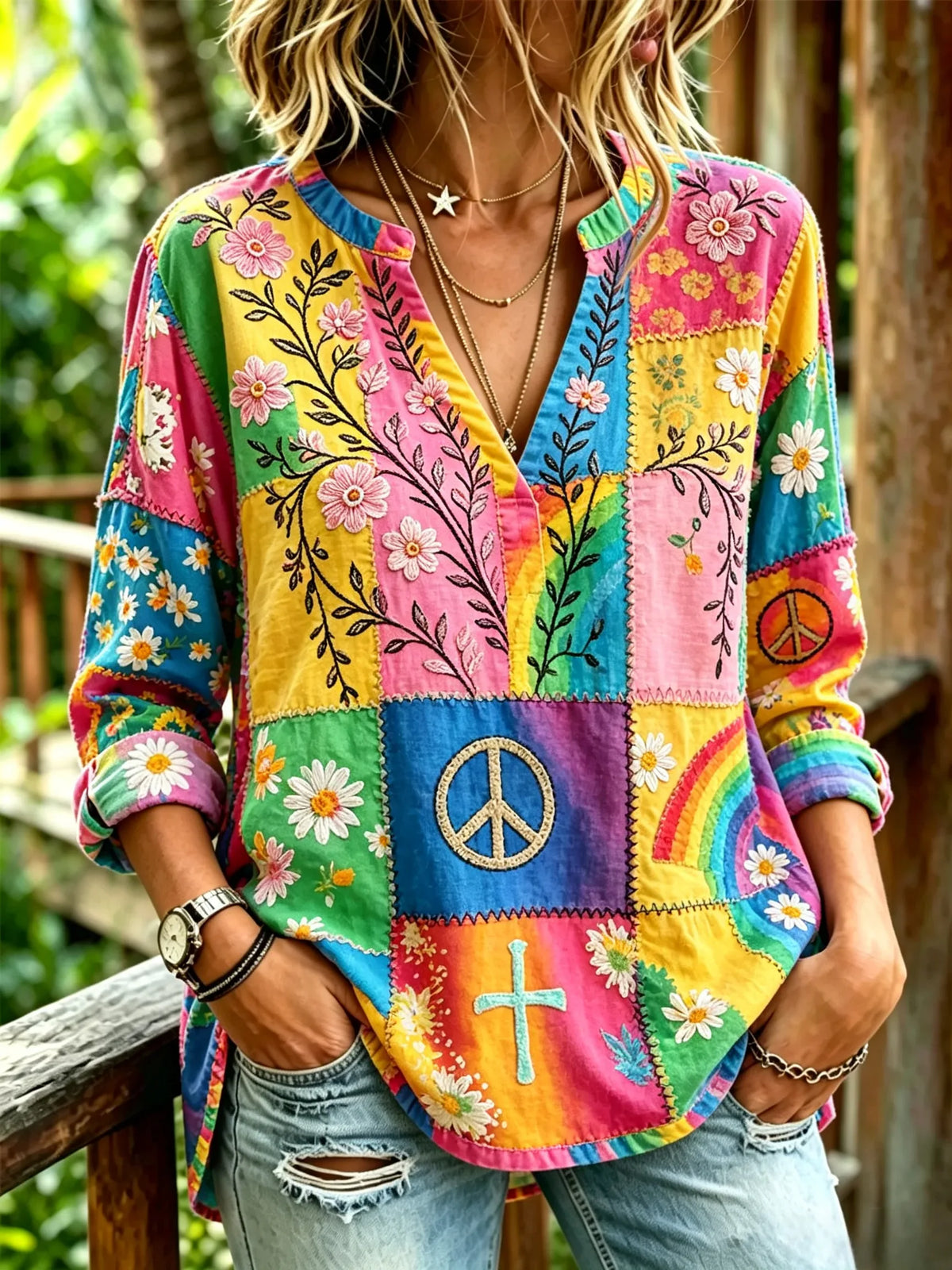 Women's Color Patchwork Daisy Peace Sign Embroidery V-Neck 3/4 Sleeve Top