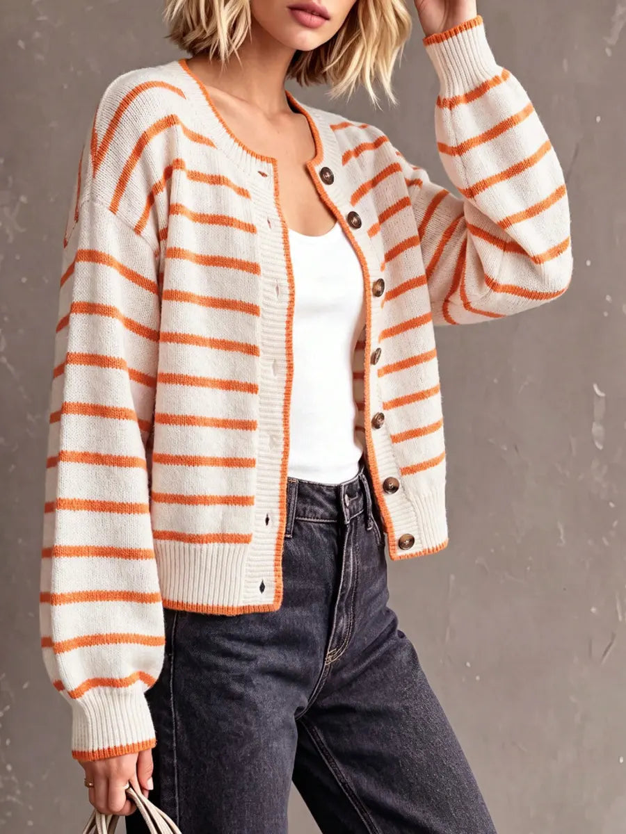 Retro Stripe Art Casual Stylish Long Sleeve Knitted Cardigan Sweater