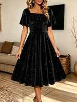 Vintage Elegant Velvet Rhinestone Square Neck Dress