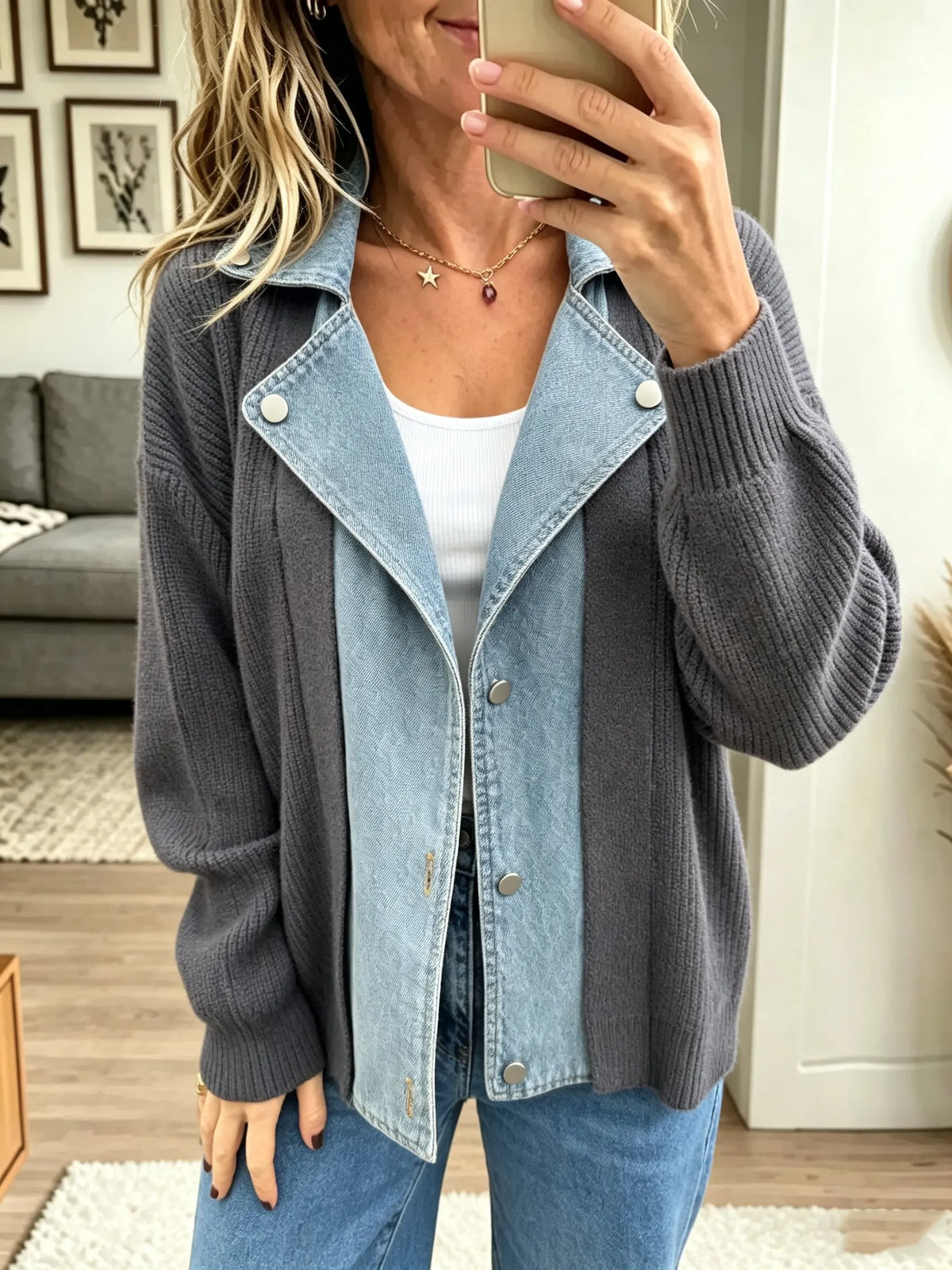 Women's Denim Notch Lapel Knit Cardigan