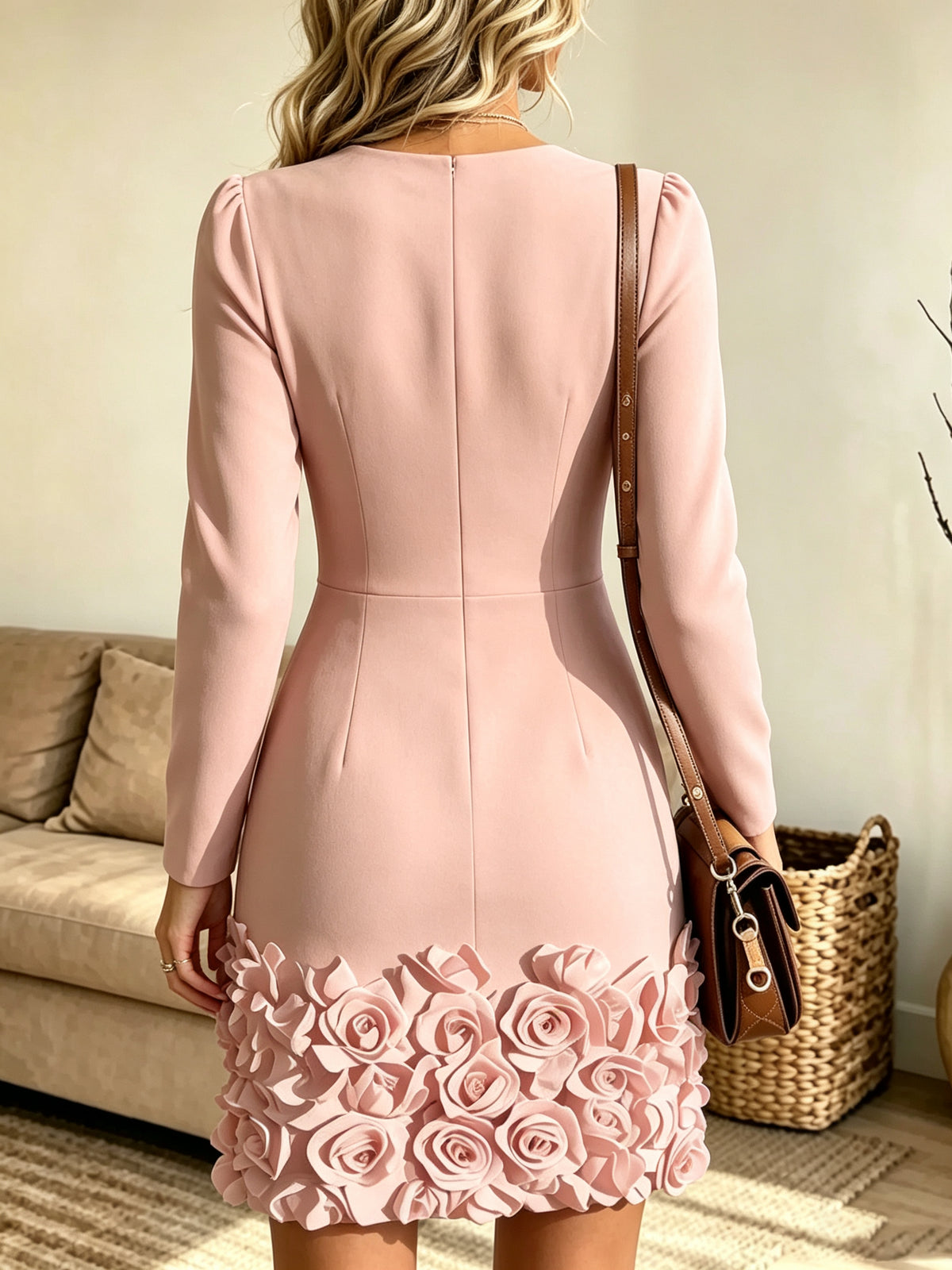 Women's 3D Rose Hem V-Neck Mini Dress